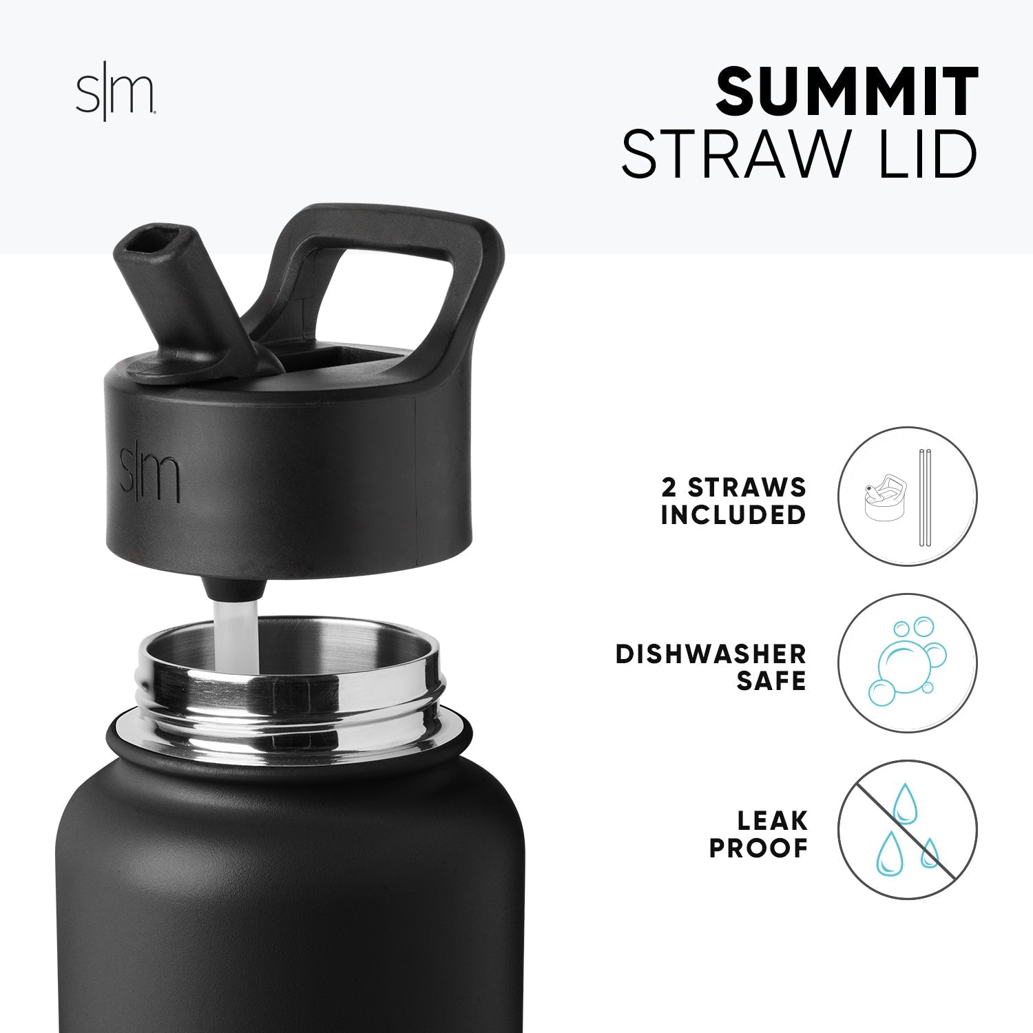 Matte black Summit Straw Lid and drinkware with metallic silver accents on the lid base ring and interior, shown against a grayscale background.