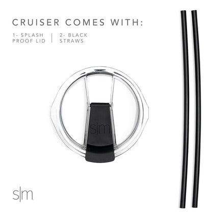 Black splash-proof lid with two black straws on white background. Clean, minimalist product image showing drinkware accessory components in high contrast.