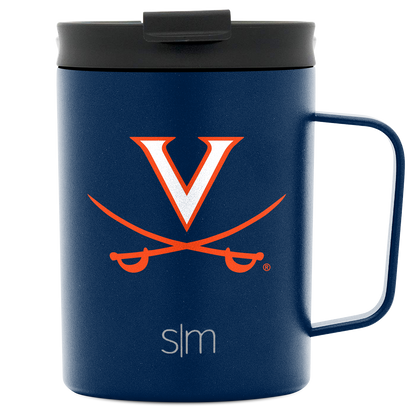 Navy blue mug with charcoal gray lid featuring University of Virginia logo, viewed from front angle