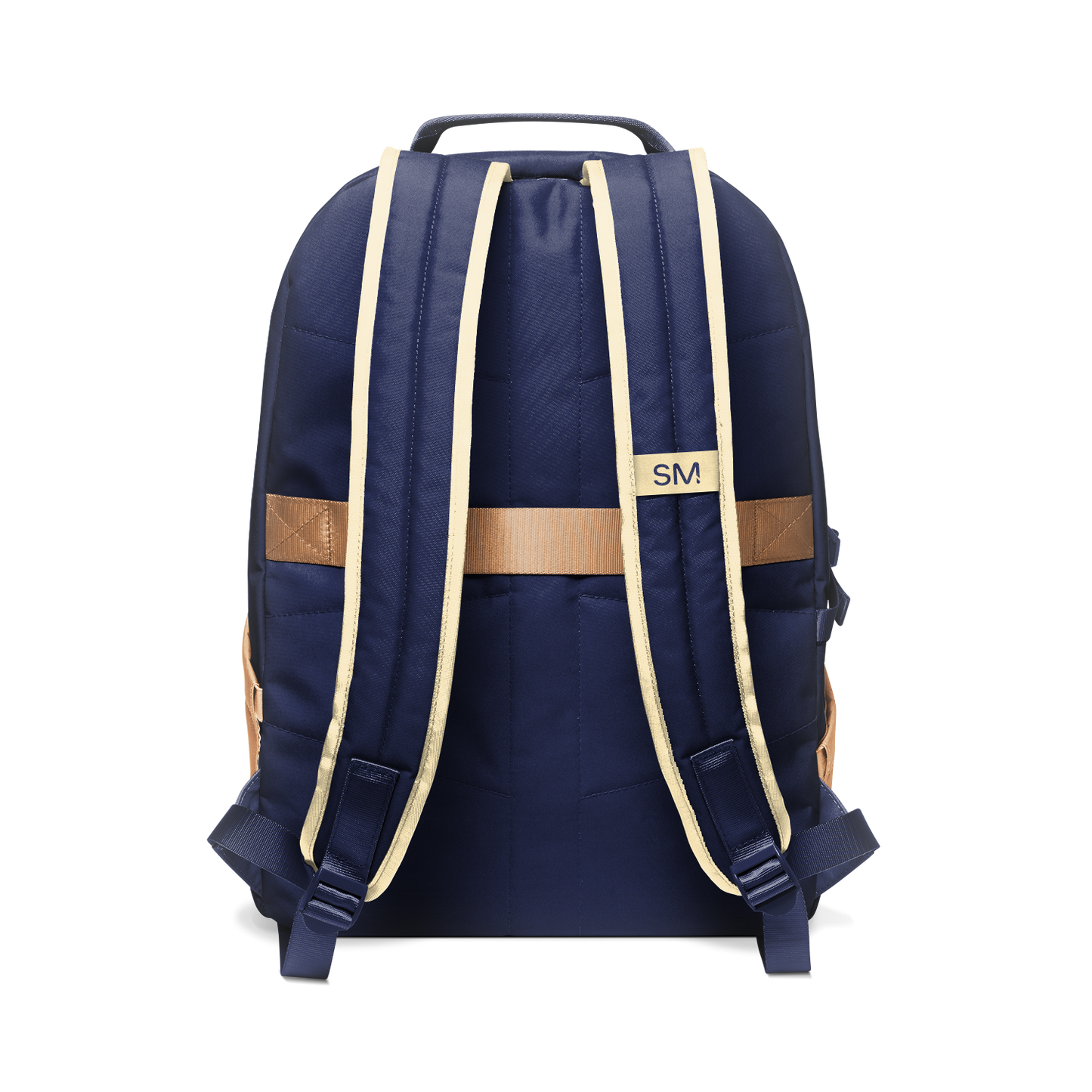 Deep navy blue backpack with tan and cream shoulder straps, handle, and decorative bands