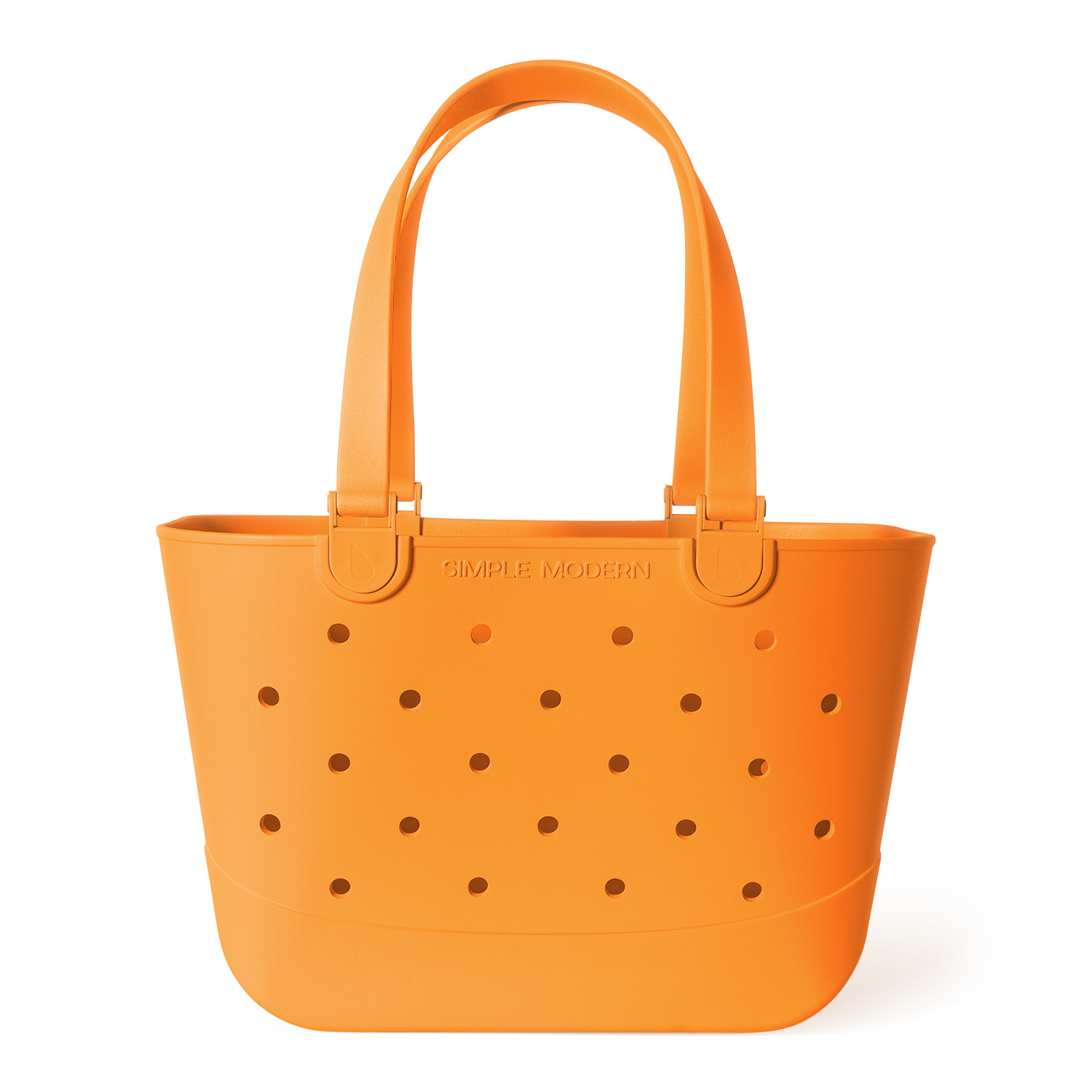 Orange tote bag with perforated ventilation holes, dual handles, and "Simple Modern" branding on white background.