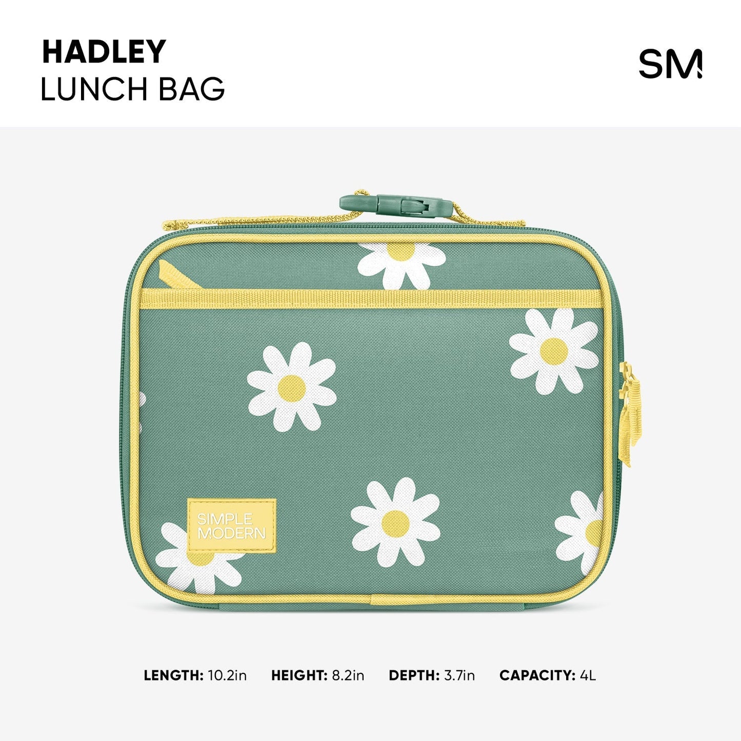 Hadley Lunch Bag in sage green with yellow-gold trim and white daisy pattern. Structured rectangular design with carrying handle, front pocket, and side zipper. Dimensions: 10.2"L x 8.2"H x 3.7"D, 4L capacity.