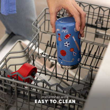 Blue cylindrical drinkware with red accents being placed in a dishwasher rack by a hand. Text reads "dishwasher safe" and "EASY TO CLEAN." Demonstrates product functionality in home setting.