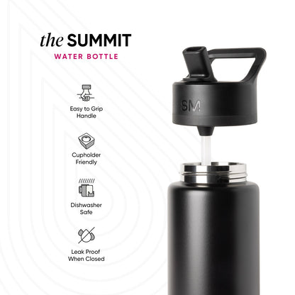 Black insulated water bottle with stainless steel band, integrated handle, and pop-up spout. Features easy-grip handle, cupholder friendly, dishwasher safe, and leak proof design. Simple Modern Summit bottle.