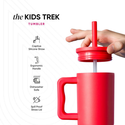Child's hand holding a bright coral pink Kids Trek Tumbler by Simple Modern with matching straw and lid. Product features include captive silicone straw, ergonomic handle, dishwasher safe, and spill-proof lid.
