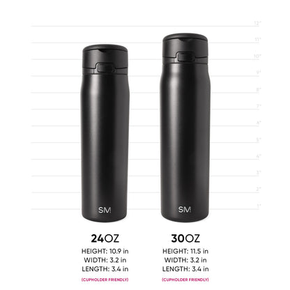 Two Simple Modern insulated water bottles shown side-by-side with measurement scale. Left: 24oz bottle, 10.9"H x 3.2"W x 3.4"L. Right: 30oz bottle, 11.5"H x 3.2"W x 3.4"L. Both charcoal gray, cupholder friendly.