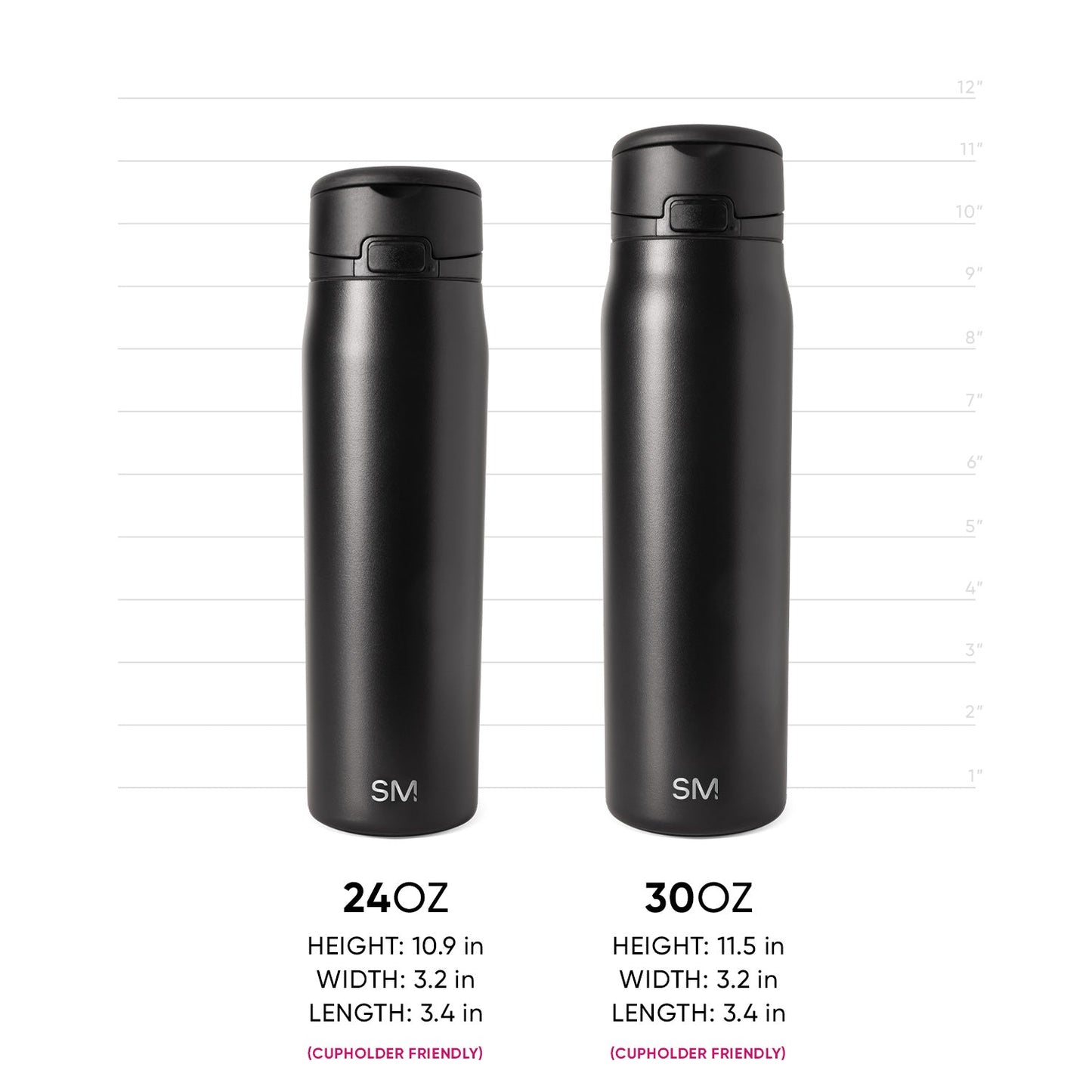 Two matte black cylindrical drinkware vessels with subtle metallic sheen and light reflections on surfaces, shown for product measurement reference.