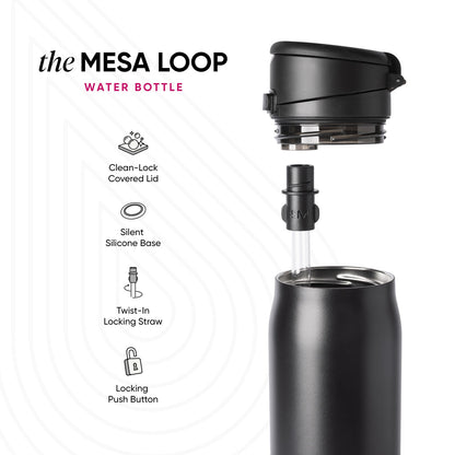 Mesa Loop water bottle in matte black with silver accents, shown at angle with removable lid. Left side displays four feature icons: Clean-Lock Covered Lid, Silent Silicone Base, Twist-In Locking Straw, and Locking Push