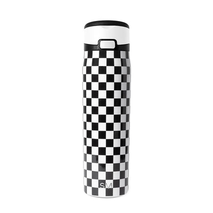 Black and white checkerboard insulated water bottle with black lid and carrying handle. Simple Modern logo on lower section. Studio product photo on white background.