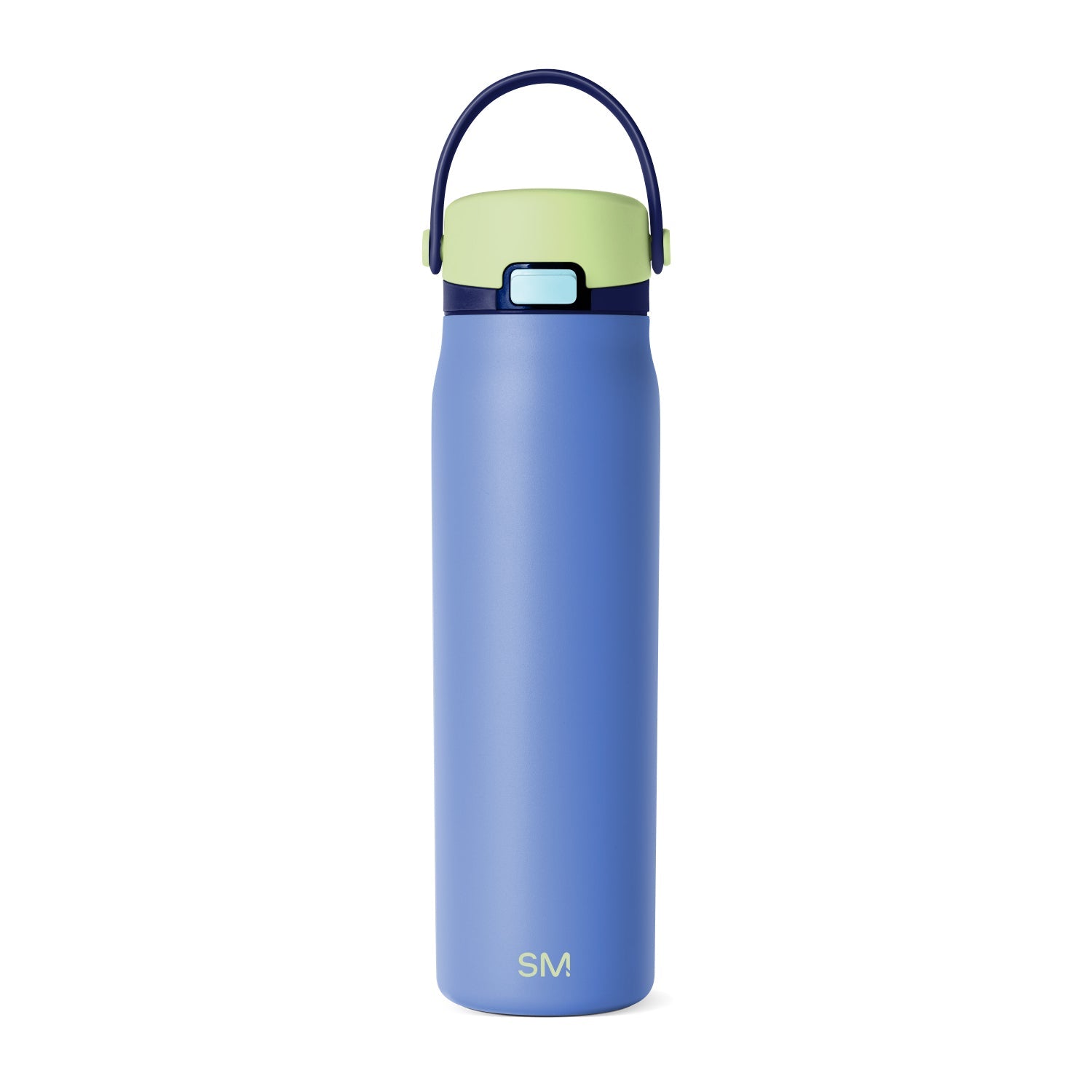 Periwinkle blue water bottle with sage green removable lid