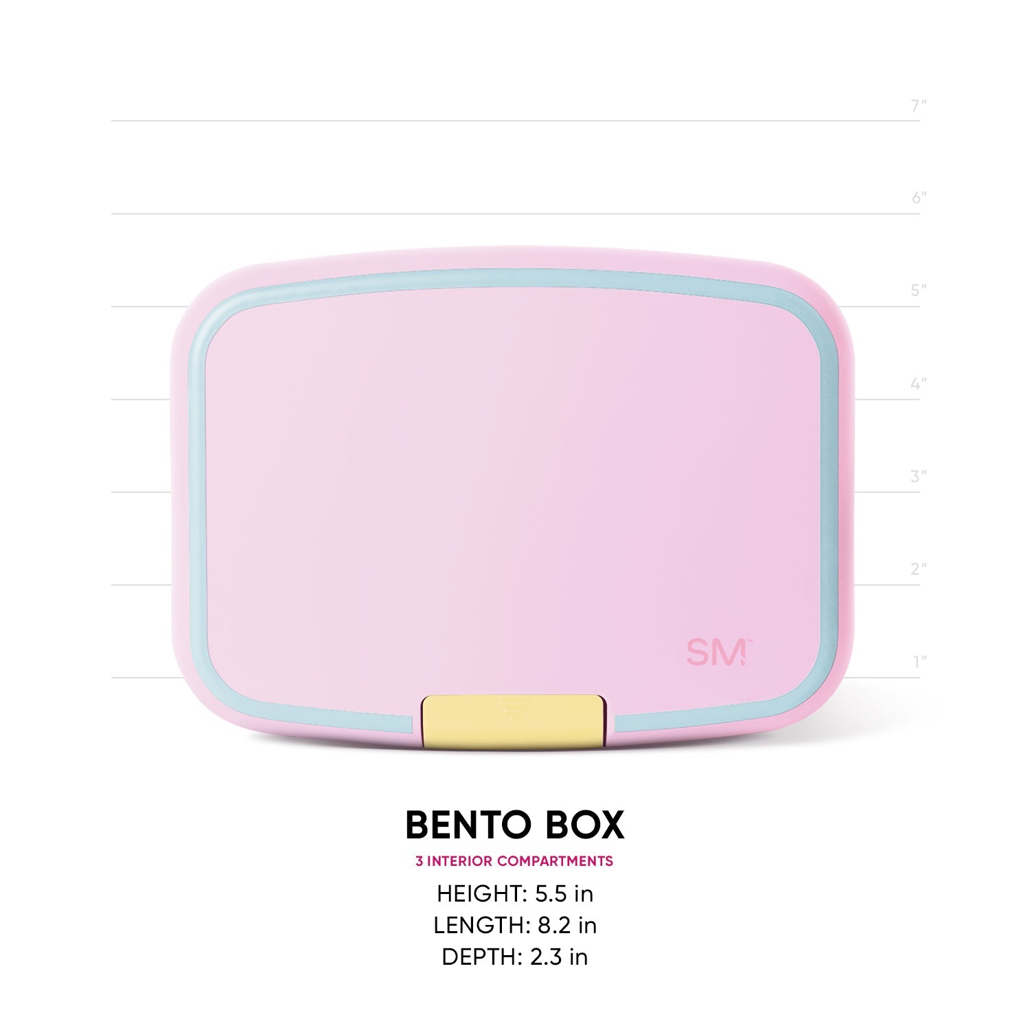 Pink Simple Modern Bento Box with mint trim and gold metal latch shown front-facing against white background with measurement scale. 3 interior compartments. Dimensions: 8.2" L x 5.5" H x 2.3" D.