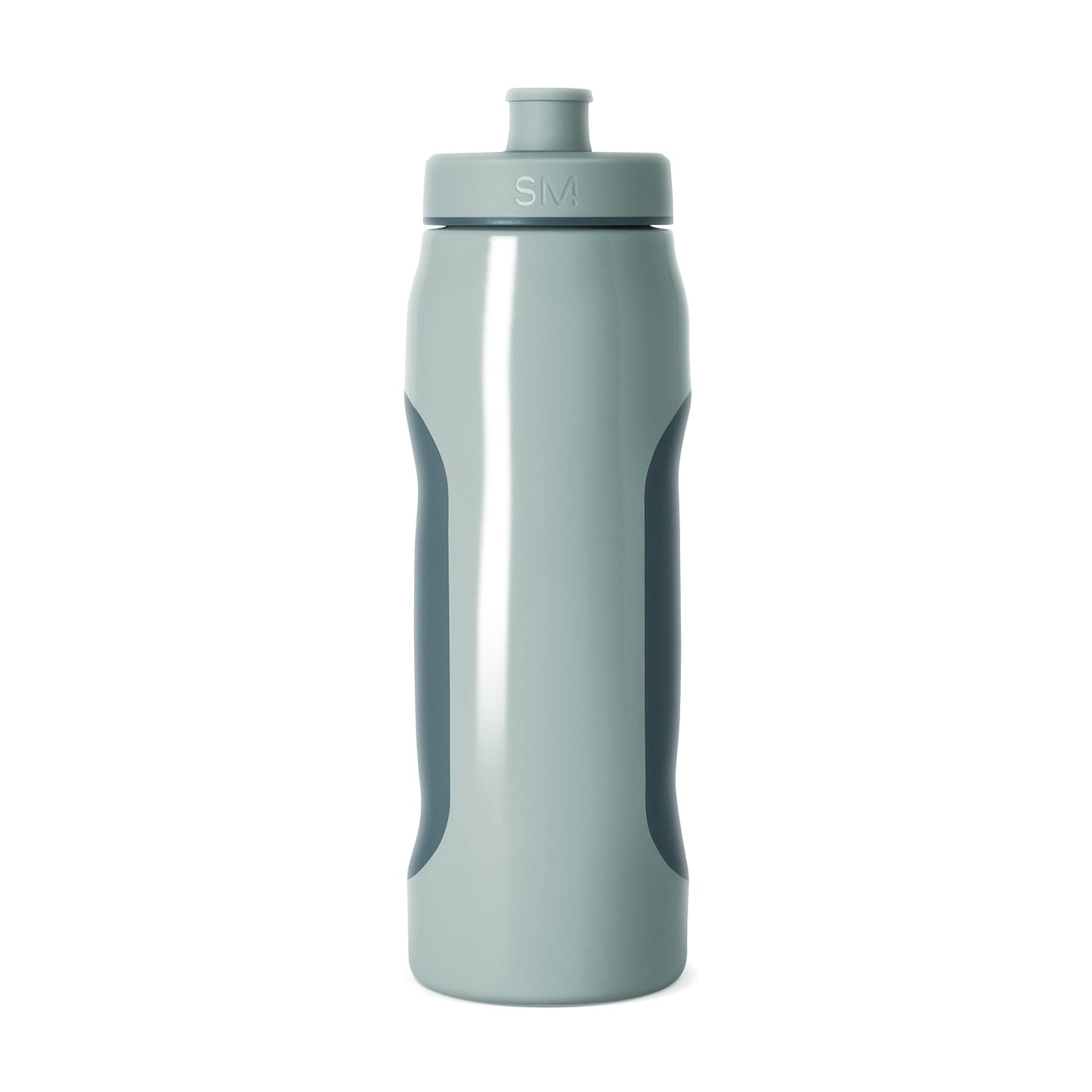 Sage green water bottle with mint-green vertical stripe on front and teal-green curved accent panels on sides