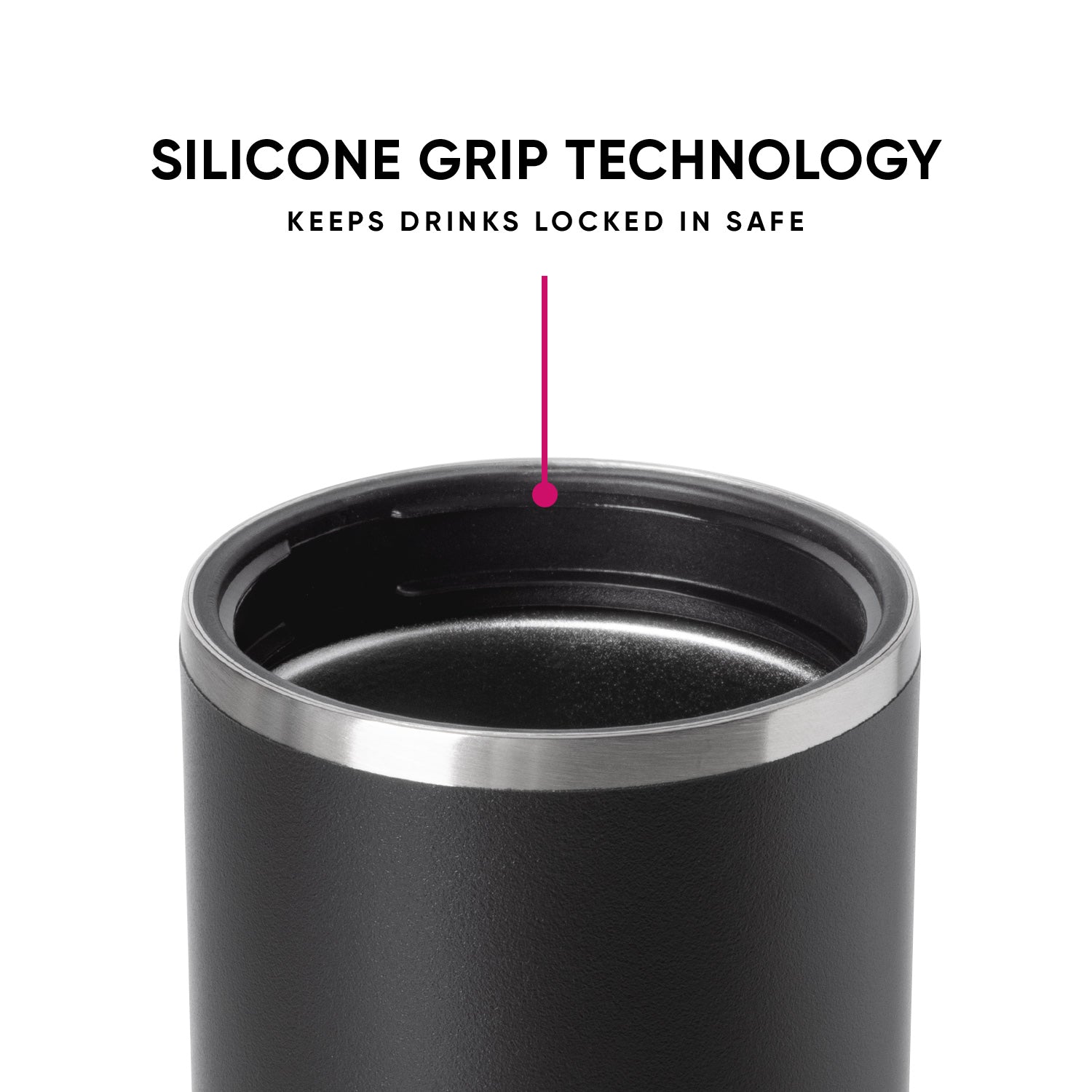 Charcoal gray Ranger can cooler with brushed stainless steel band and hot pink silicone grip technology accent, shown against white background. Double-wall insulated design.