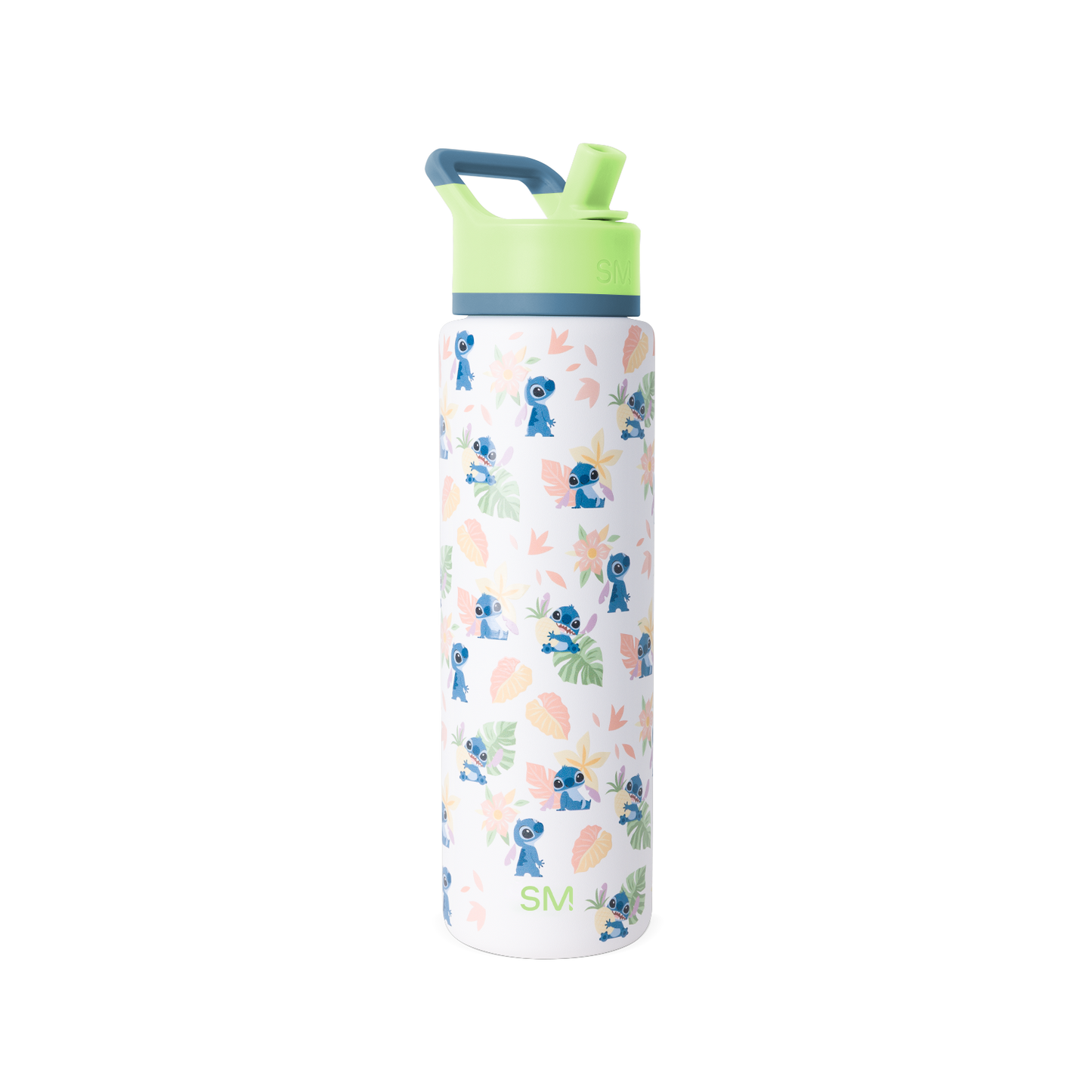 White water bottle with lime green spout and handle, steel blue-gray band around middle section