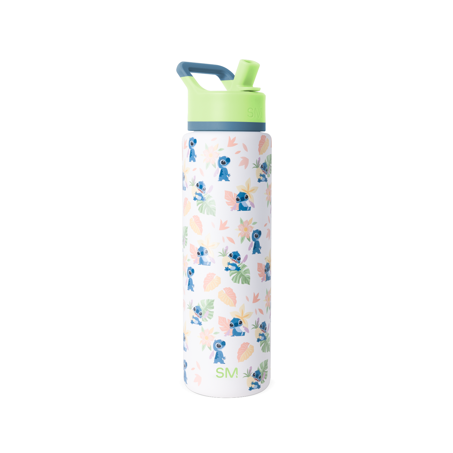 White water bottle with lime green spout and handle, steel blue-gray band around middle section