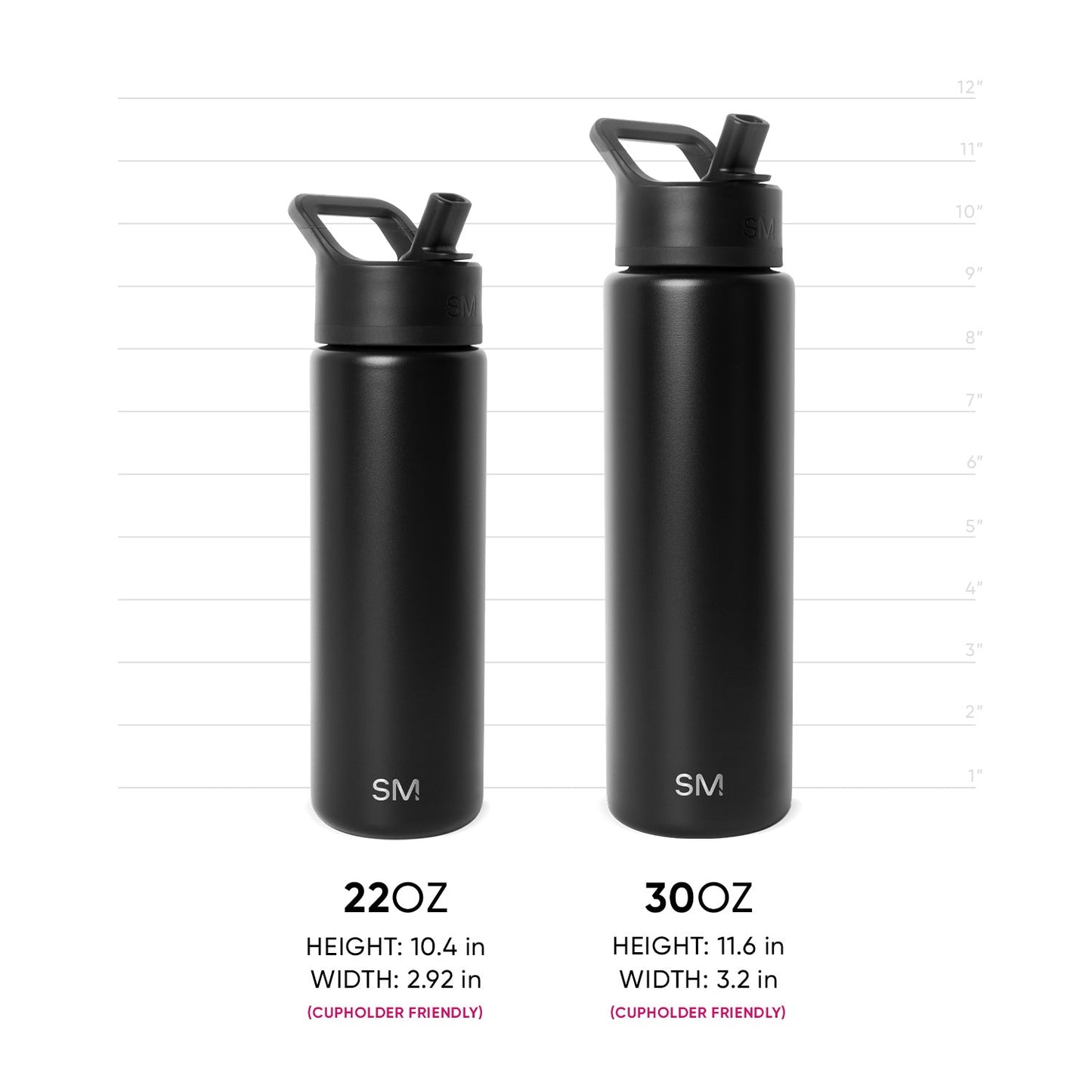 Two Simple Modern insulated water bottles in matte black displayed side-by-side with measurement scale. Left: 22oz, 10.4"H x 2.92"W. Right: 30oz, 11.6"H x 3.2"W. Both cupholder friendly with flip-cap spouts and SM logo.