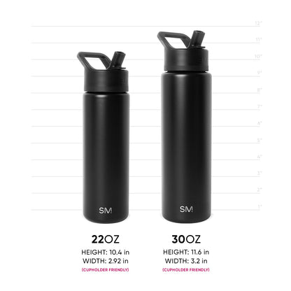 Two Simple Modern insulated water bottles in matte black positioned side by side for size comparison: 22oz bottle (10.4" tall, 2.92" wide) on left and 30oz bottle (11.6" tall, 3.2" wide) on right, with measurement scale and
