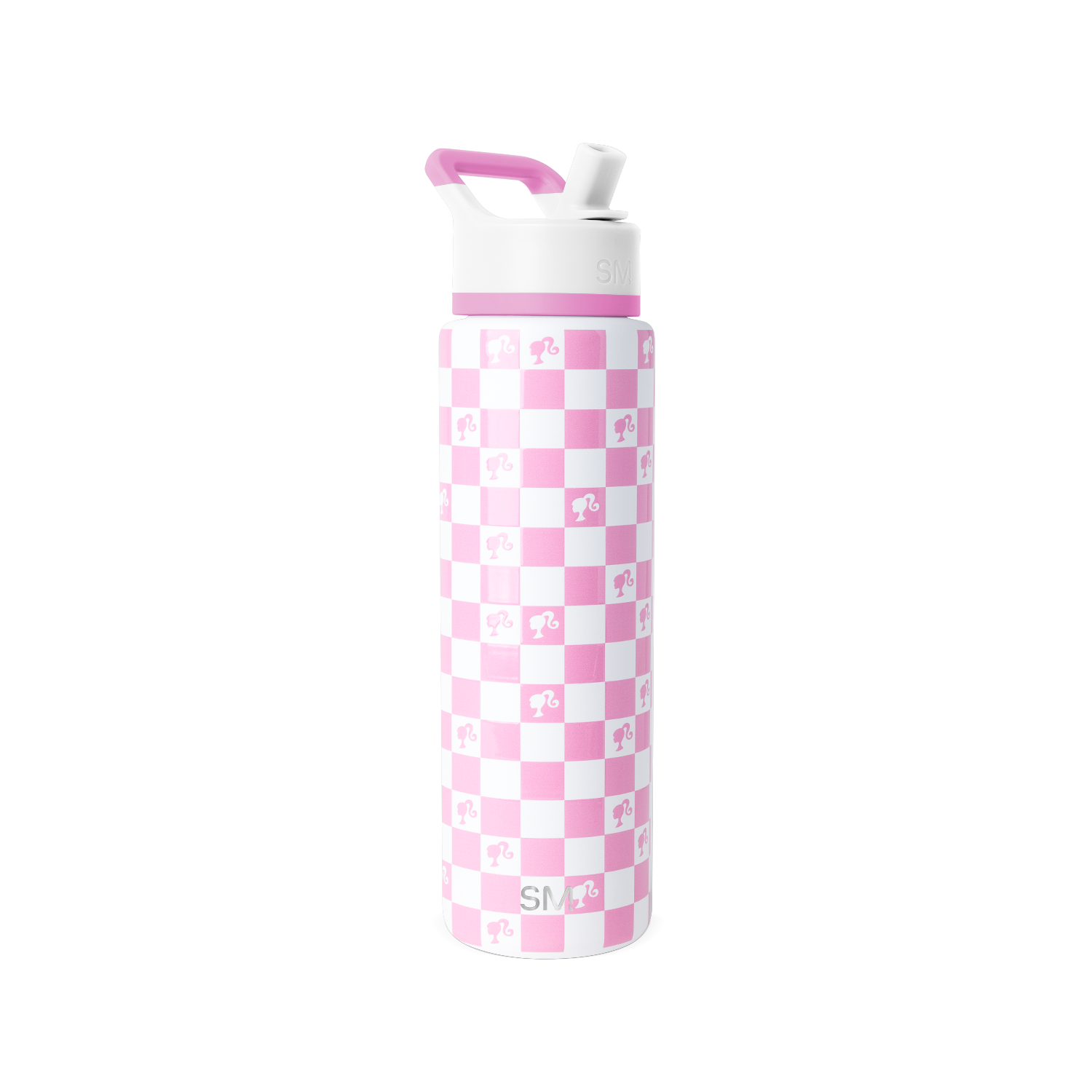 Pink and white checkerboard water bottle with matching lid and handle accent details