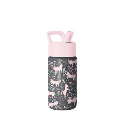 Simple Modern insulated water bottle with pale pink spout cap and charcoal body featuring colorful botanical and animal illustrations in blush, sage green, mustard, and coral tones.