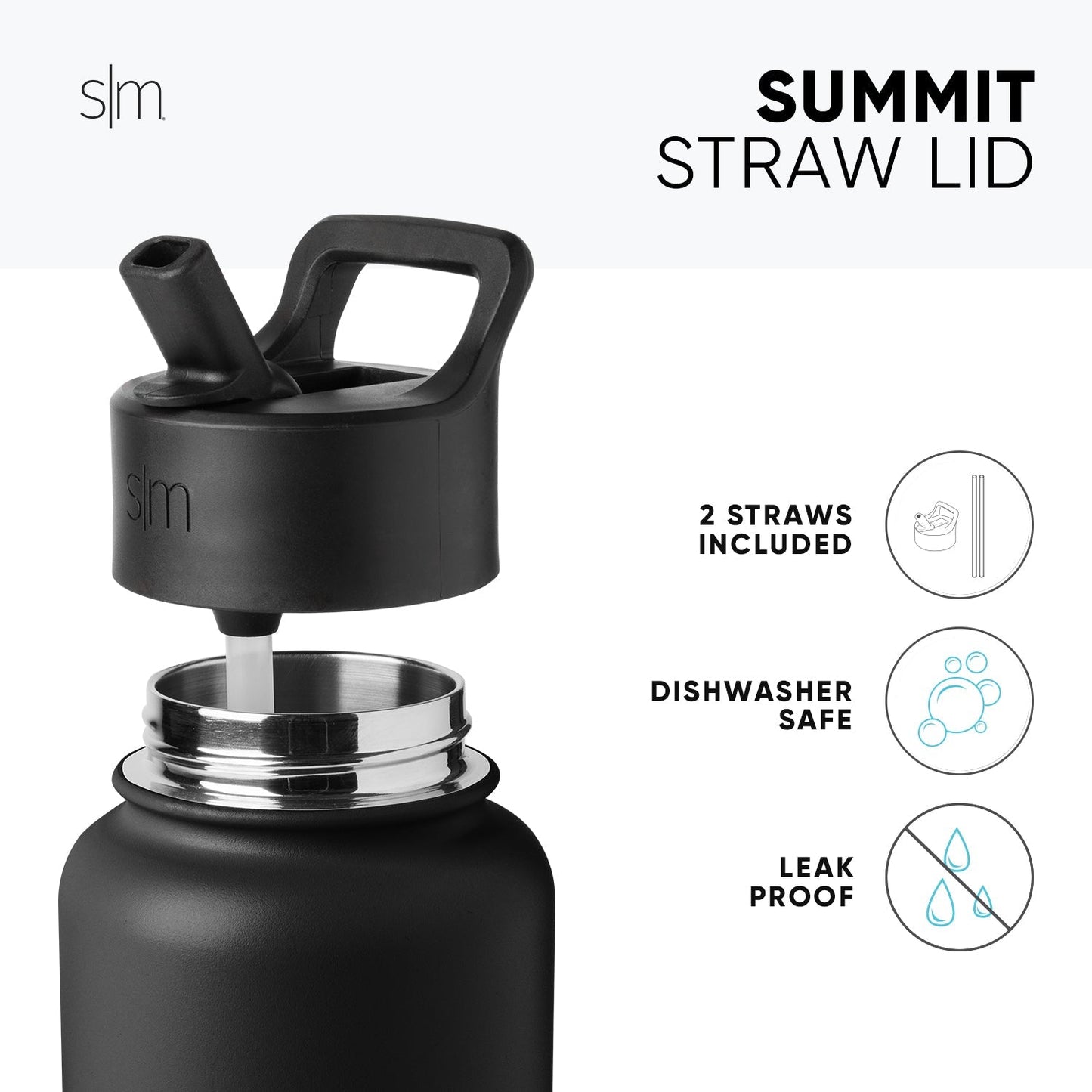 Black reusable straw lid with stainless steel metal band and handle, designed to fit beverage bottles