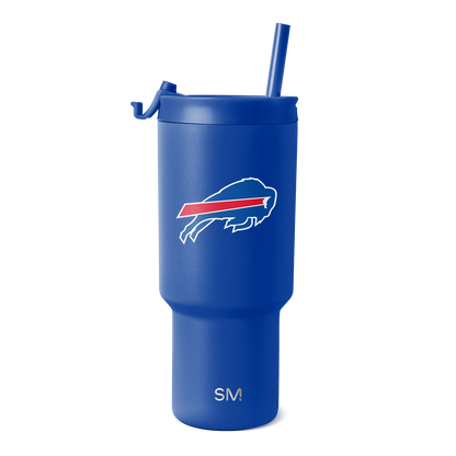 Royal blue insulated water bottle with cylindrical tumbler design, tapered base, and narrower mid-section. Modern drinkware for hot and cold beverages.