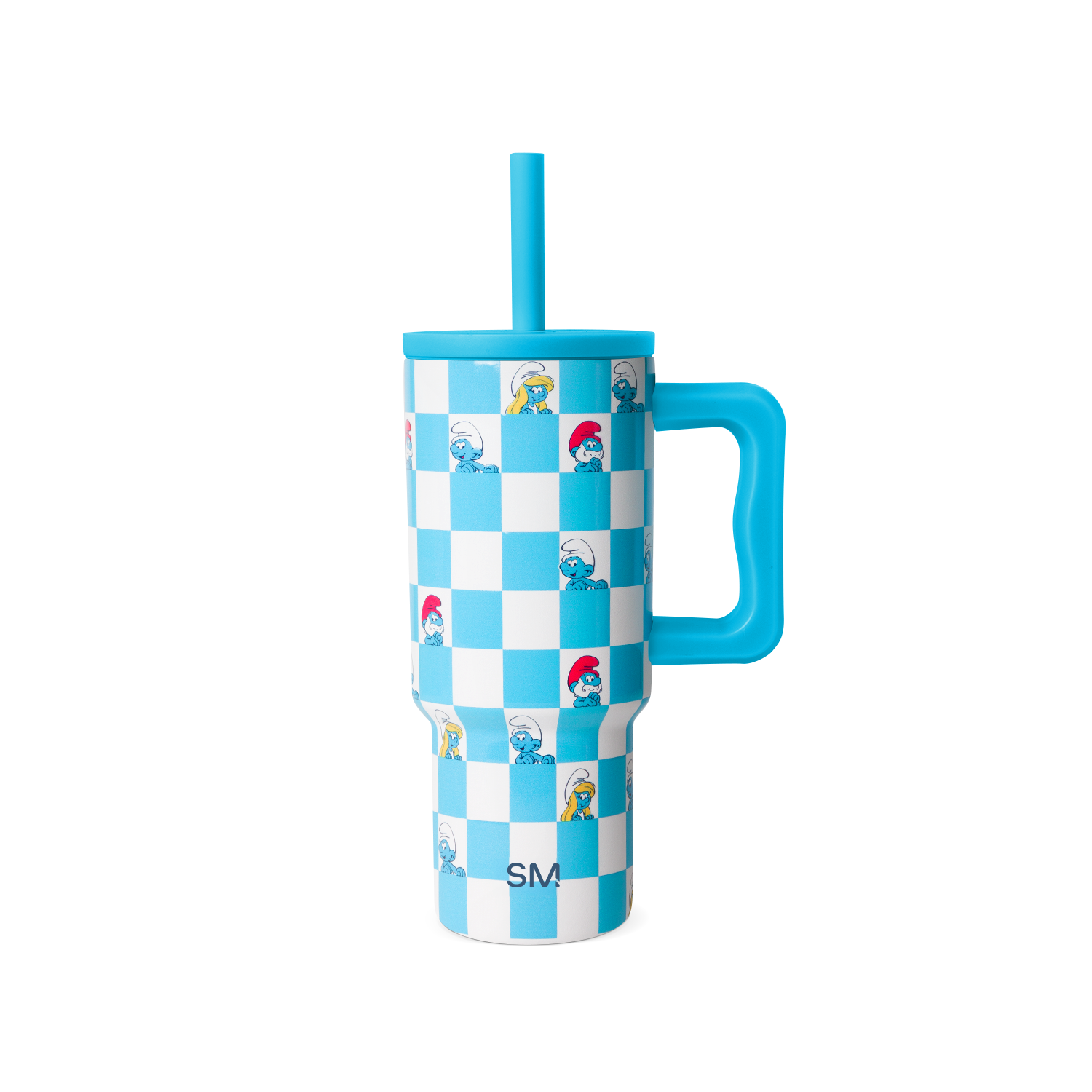 Turquoise blue and white checkerboard tumbler with matching turquoise handle, lid, and straw.