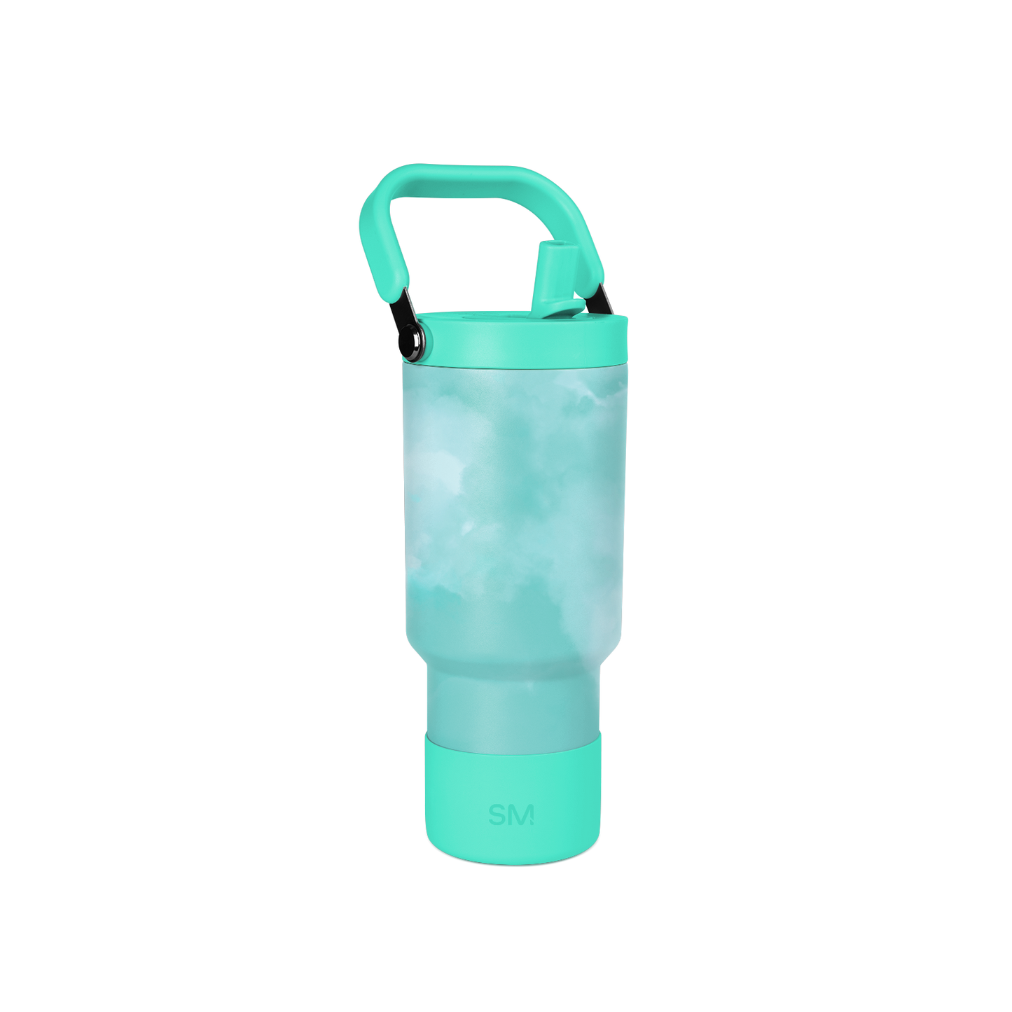 Turquoise and mint green insulated bottle with aqua-green body, deeper turquoise handle, lid band, and base.