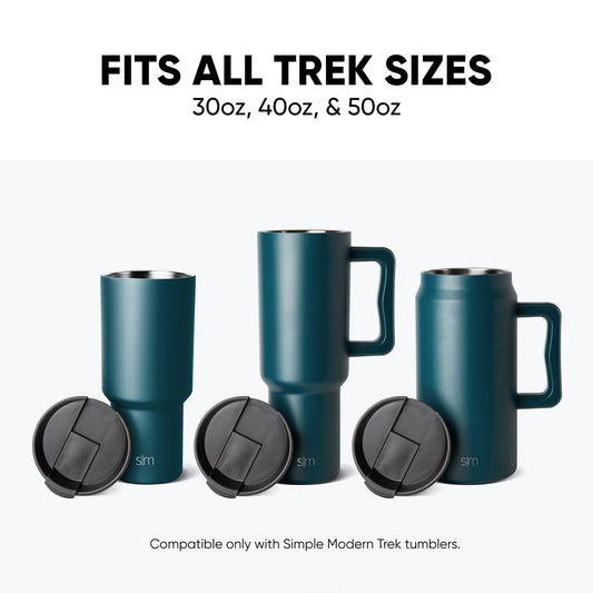 Three insulated tumblers in teal and black featuring different sizes with handles, displayed against a teal background for product compatibility reference.